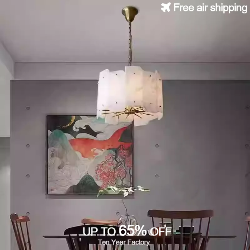 

Classic Spanish Marble Gold Stone Lampshade LED Dimmable Chandelier Lighting for Home Decoration Lustre Lamp Fixture