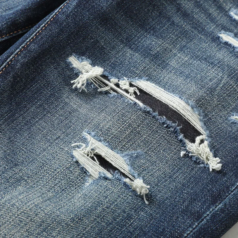 Y2K fashion new men's jeans torn, wrinkled, nostalgic, elastic, slim fit, washed light blue Italian casual pants hombre