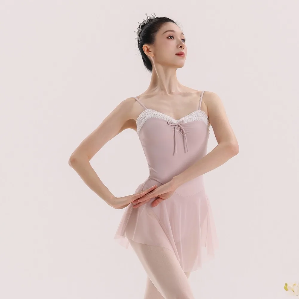 

Ballet Leotard Spaghetti Strap Lace Trim Ruched Bow Mesh Skirt Bodysuit with Removable Pads Dancewear for Ballerina Gymnastics