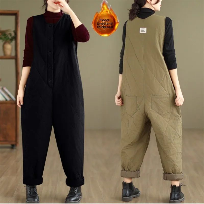 Retro thiened algodão para baixo calças femininas soltas casuais outerwear inverno workwear macacão confortável l cintura calças compridas