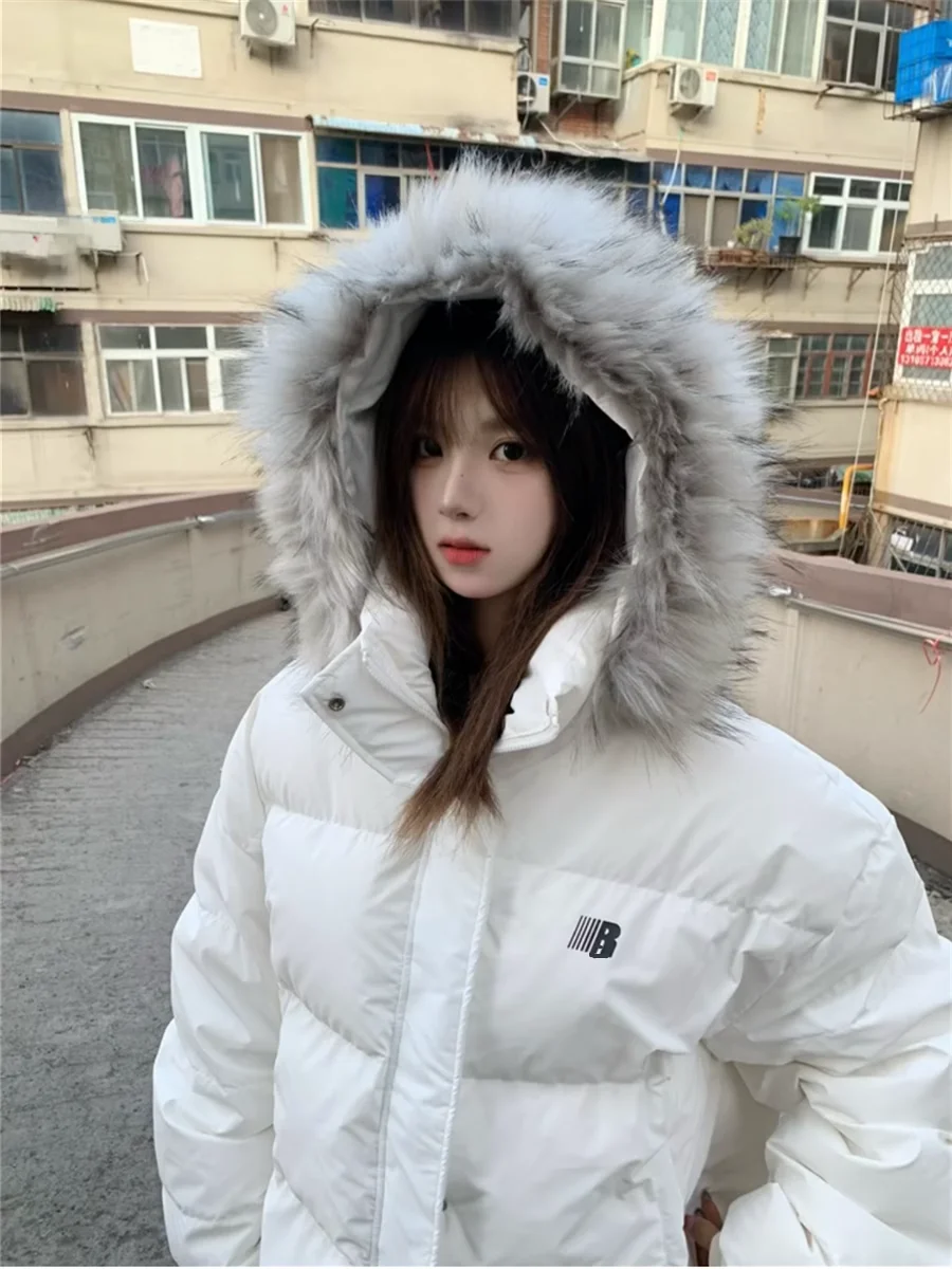 

Женская зимняя куртка в американском стиле с капюшоном, белая, на хлопковом утеплителе, высококачественная, утолщенная, теплая, с меховым воротником