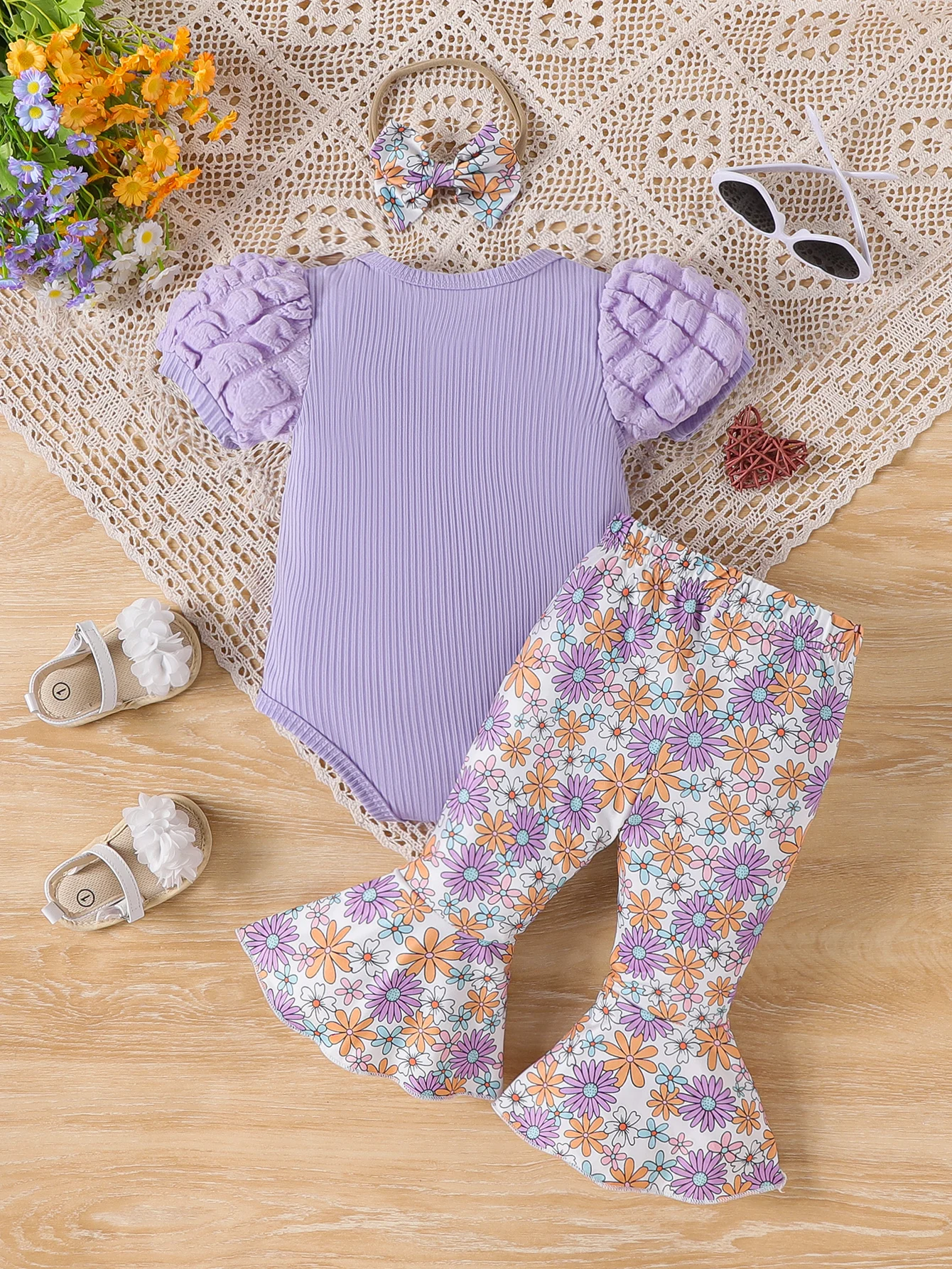 Summer Cute Toddler Girl Solid Color Knitted Bubble Sleeve Top+Floral Full Print Flared Pants Two-Piece Set With Headscarf