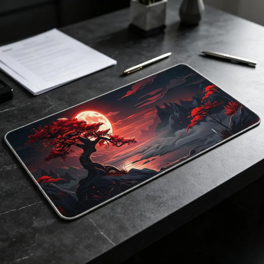 Red Full Moon TCG Mouse Pad Extended Desk Mat Stitched Edge Non‑Slip Rubber Base Keyboard Mat for Gaming Home Office CP Gamemat