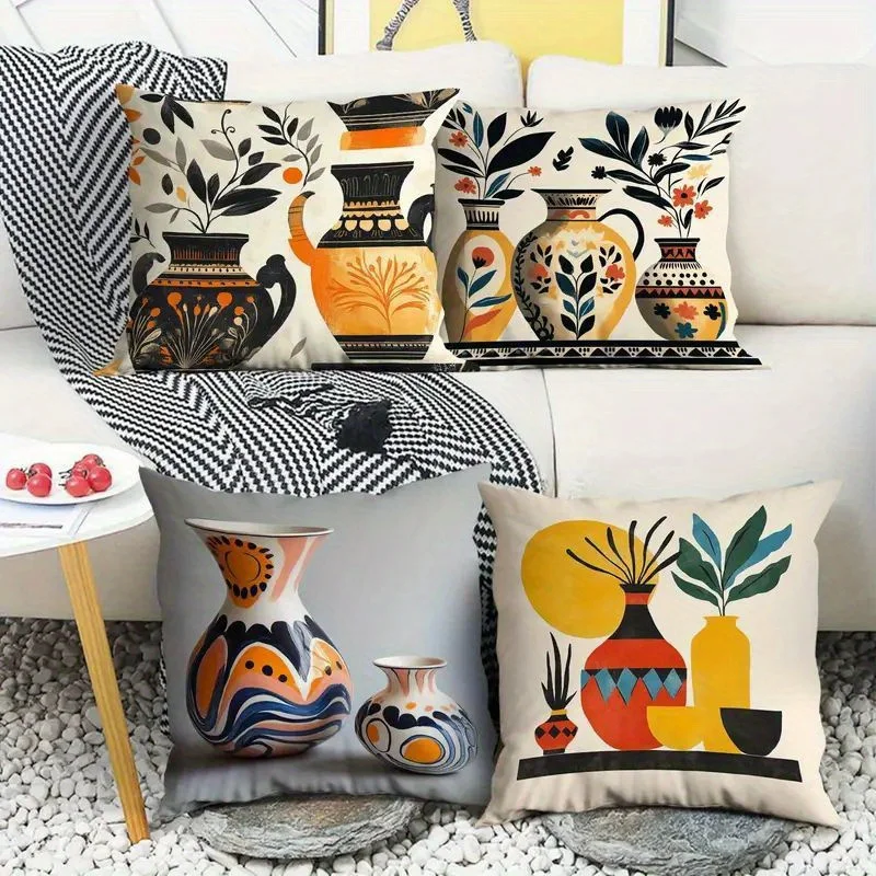 Artistic vase pattern digital printing pillow cover Short plush Suitable living rooms bedrooms sofas throw cushion cover 4pcs