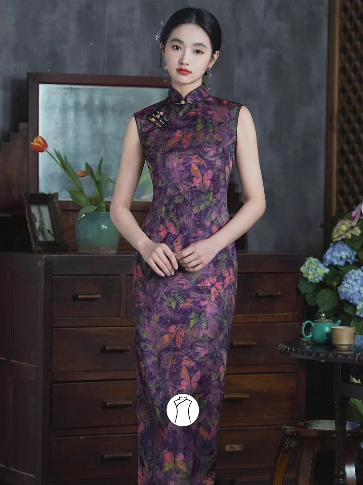 

Новое китайское длинное платье-ципао с цветочным принтом, облегающее, высокого качества, винтажное, дышащее, легкое, для повседневной носки