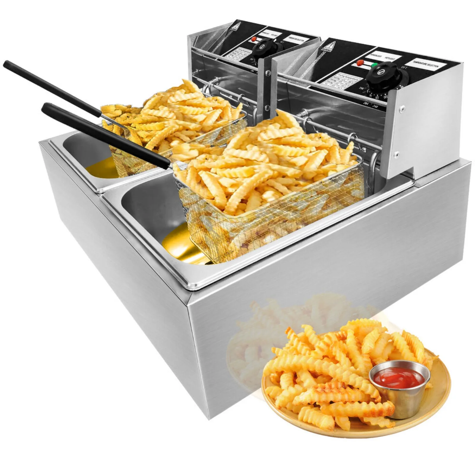 

US 6L/12L Commercial Electric Deep Fryer Dual Tank Commercial XL Fry Basket 2500W