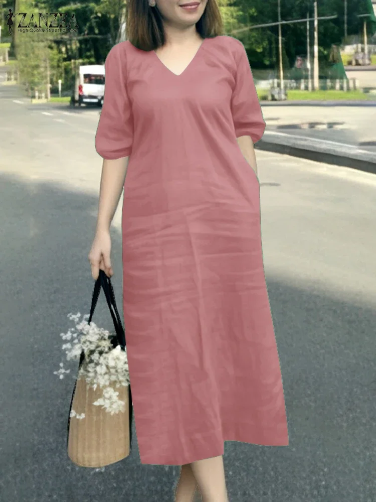 ZANZEA 2025, Mode Sommer Kleid Frauen V-ausschnitt Kurzarm Urlaub Sommerkleid Beiläufige Lose Party Arbeit Vestidos Kaftan Robe Femme