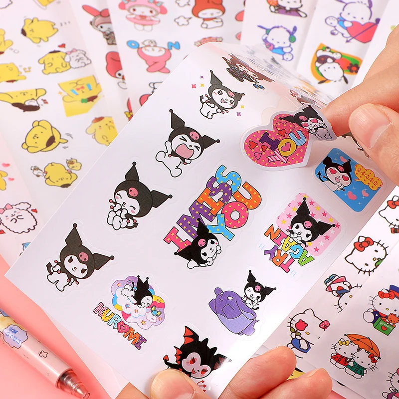 Sanrio 4Sheets 100pcs Cartoon Sticker Pochacco Kuromi Melody Kitty Kawaii Stickers Student Stationery Supplies Birthday Gifts