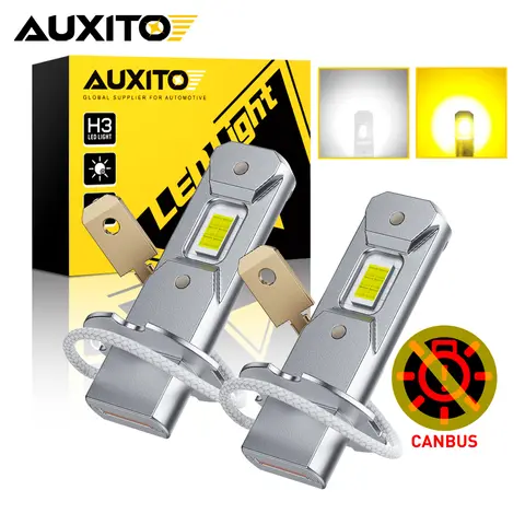 2Pcs AUXITO Canbus H3 LED Bulb Fog Lights 3000K Yellow No Fan Mini Auto Lamp DRL Daytime Running Light 1:1 Size 6500K White 12V