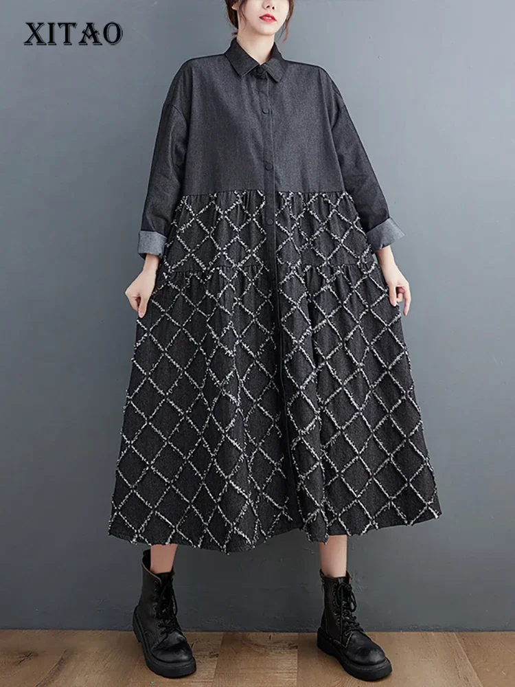 

XITAO Loose Comfortable Denim Dress Retro Three-dimensional Tassel Single Row Buckle Cowboy Turn-down Collar Fashion LYD1407