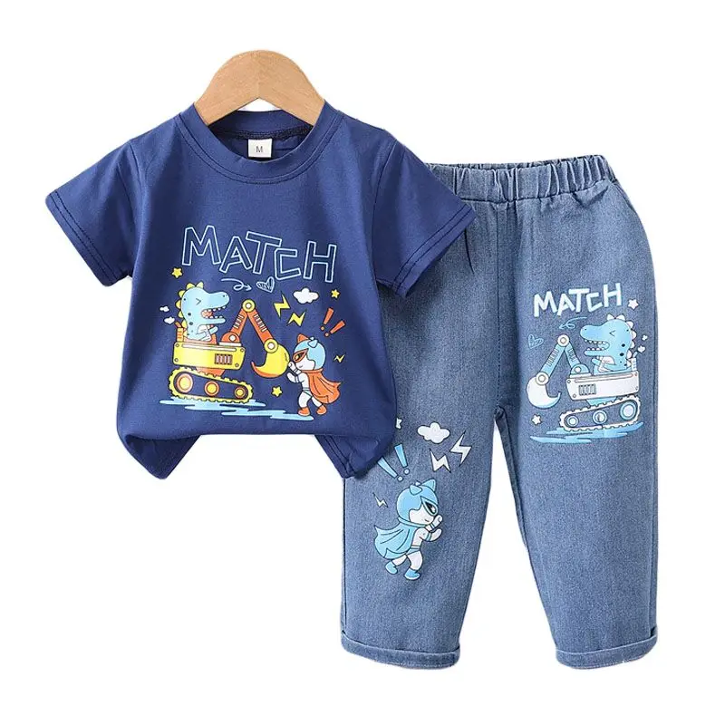 Korean version Children's Set boys Summer Cartoon Printed Short Sleeve+Cowboy Pants Infant Fashion Set 0-4Y