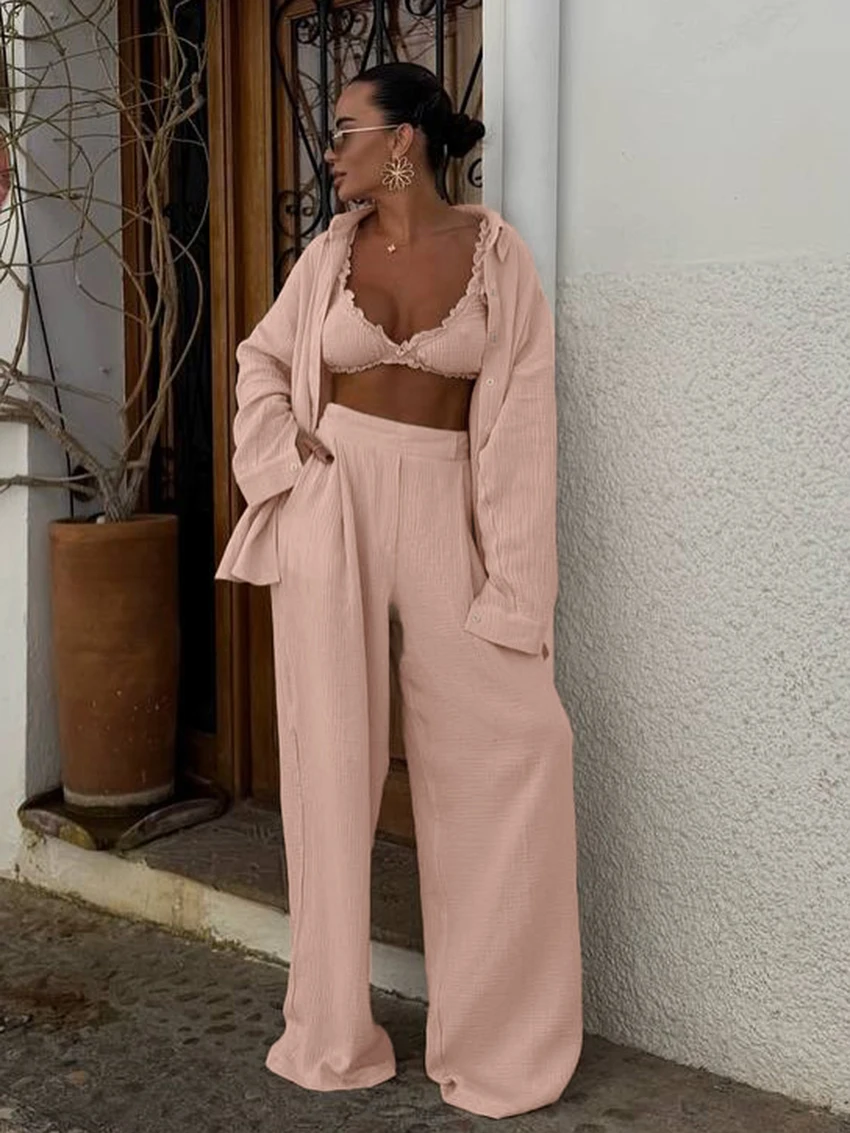 

Marthaqiqi Cotton Women's Pajamas 3 Piece Set Long Sleeve Robe Turn-Down Collar Nightie Tank Top Sleepwear Pants Nightgowns Suit