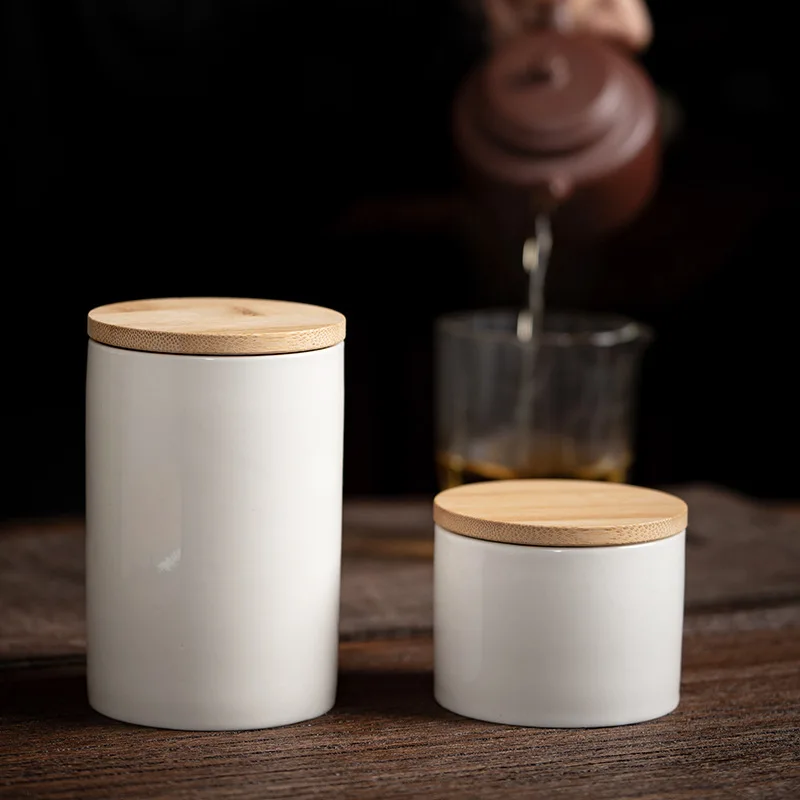 Creative Sealed Jar Cylindrical Ceramic Tea Jar Bamboo Lid Kitchen White Porcelain Storage Box Food Storage Container Home Decor