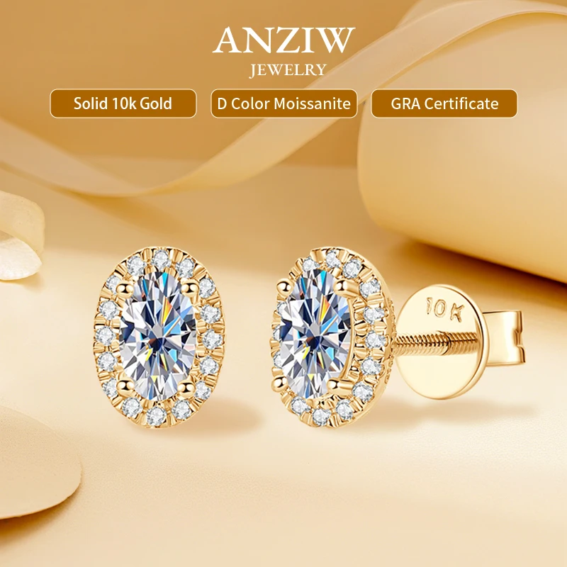 

Anziw 5x3mm 0.6cttw. Oval Cut Moissanite Stud Earrings Real 10K Gold for Women Men 2025 Halo Wedding Earrings Certified Jewelry