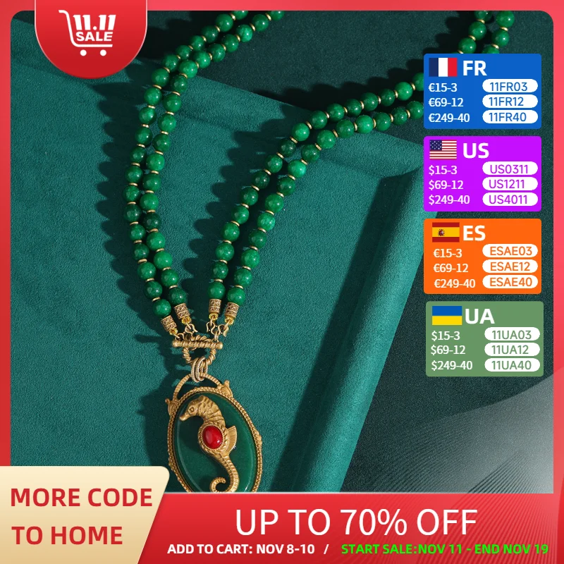 

Vintage Green Natural Stone Layered Seahorse Pendant Necklace Beads Antique Gold Color Jewelry Luxury For Woman Quality 2025