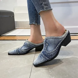 British Style Women Pointed Toe Sandals Luxury Outdoor Half Slippers Slip on Mules Femme Shoes Ladies Denim Chunky Heeled Slides