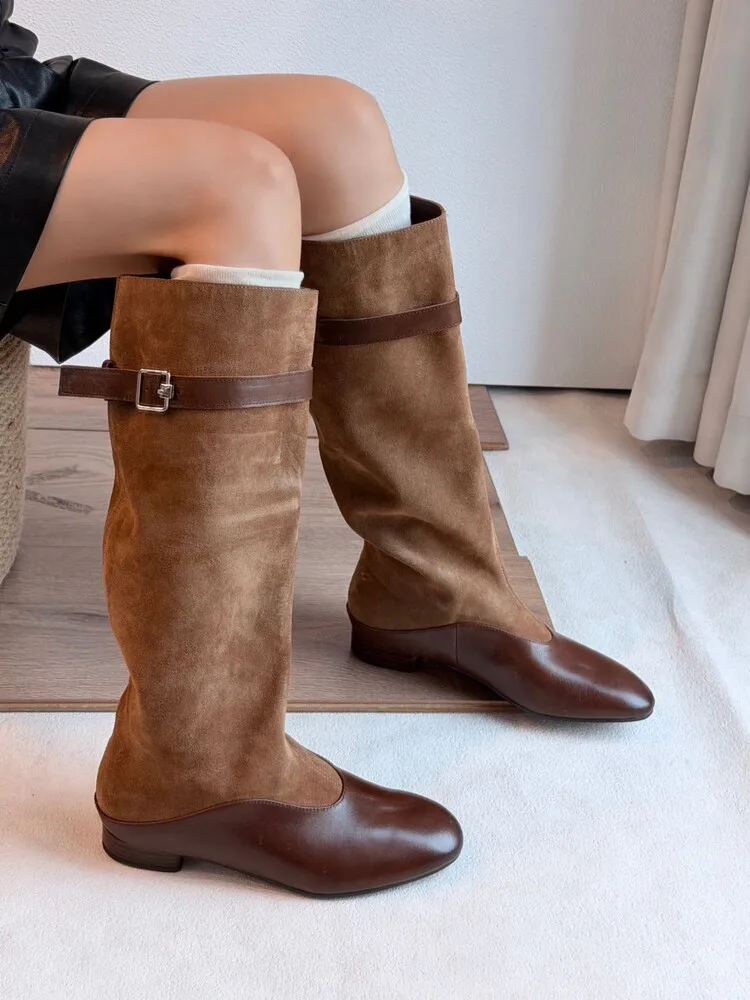 BANFANG 2CM Vintage Patchwork Buckle Knee High Boots Women Soft Genuine Leather Round Toe Low Heel Slim Western Knight Shoes