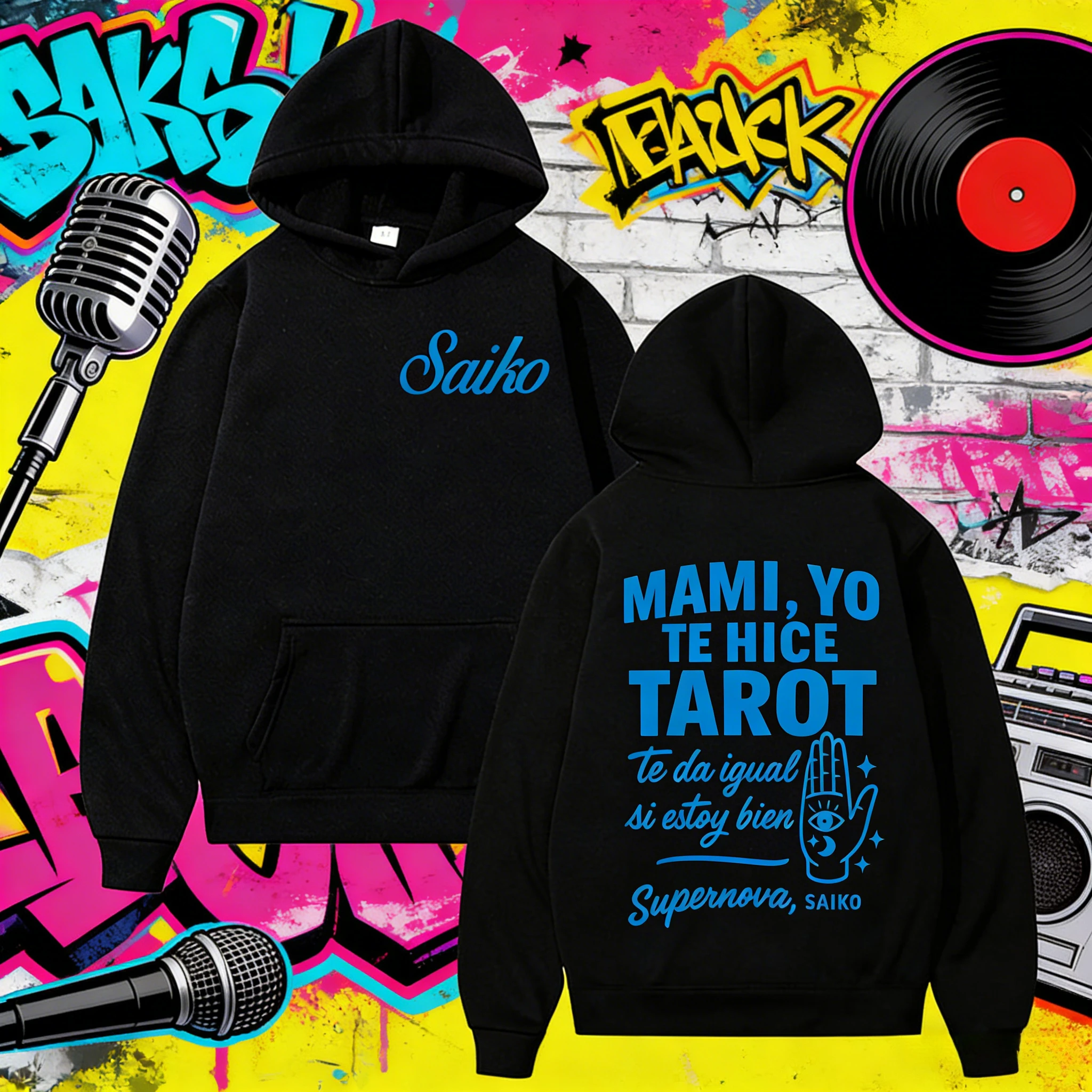 2025 مغني الراب سايكو مامي يو الثور التارو بطاقة رسالة الجرافيك هوديي الرجعية الجمالية الخريف الشتاء طباعة 100% قلنسوة من القطن الخالص #1