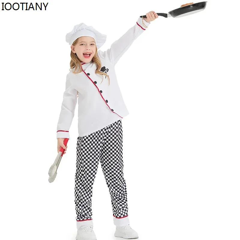 

Purim Kid Fun Kitchen Chef Bakers Costume Top Pant Hat Set For Girl Boy Cosplay Fancy Party Dress Carnival Cosplay Kitchen Suit