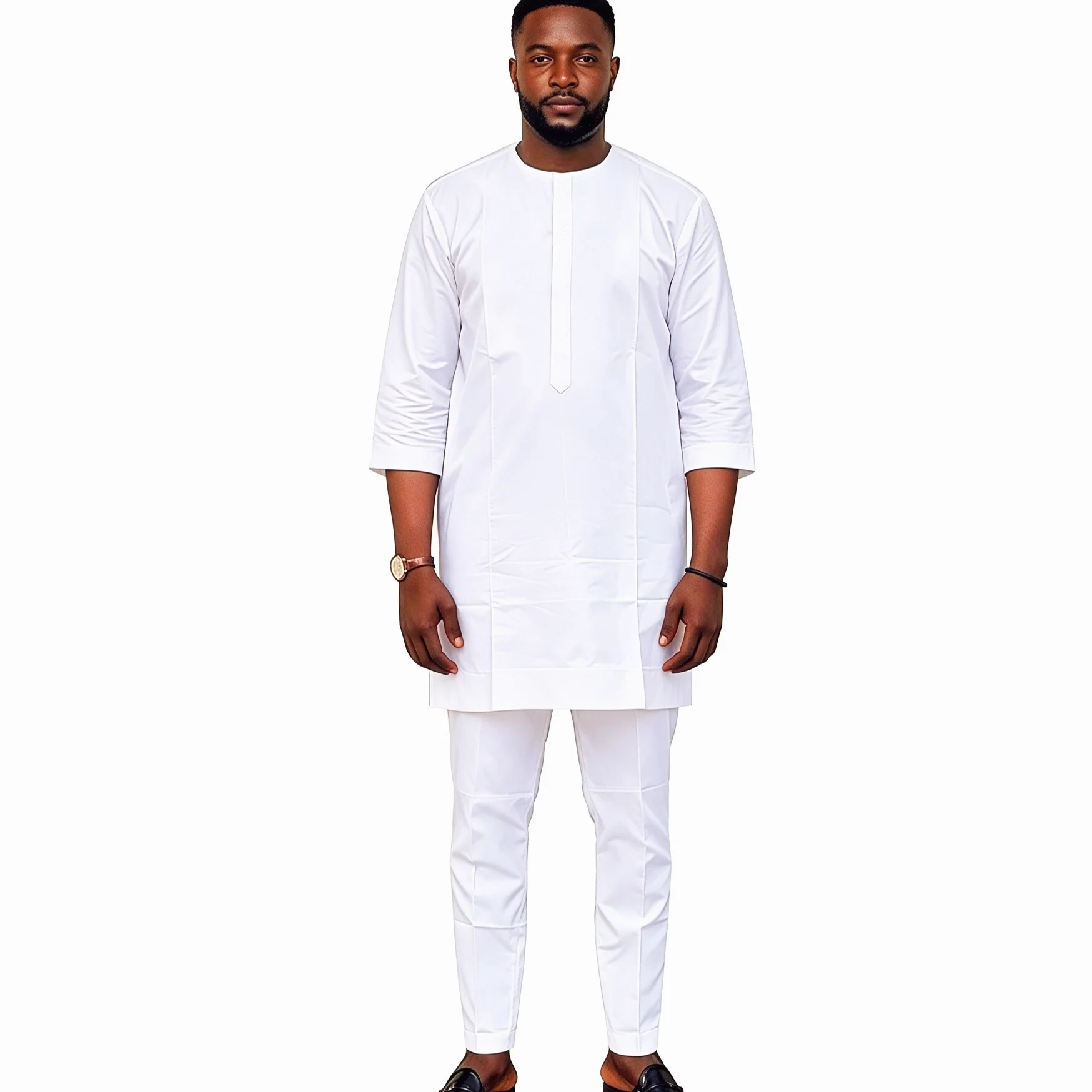 African Traditional Style White Men's Tops With Pant Nigerian Fashion 3/4 Sleeves Groom Sets Male Party Suit