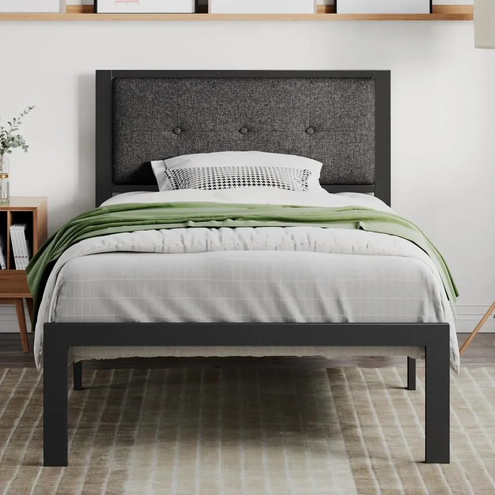 

Upholstered Headboard, Platform Bed Frame with Metal Slats, Button Tufted Square Stitched , Noise Free