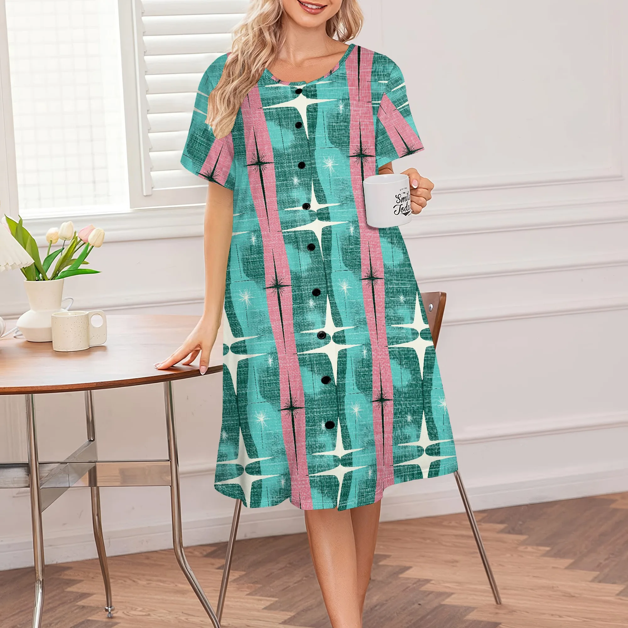 

Comfortable House Dress for Women, Starburst Print, Button Front, S-3XL Casual Home