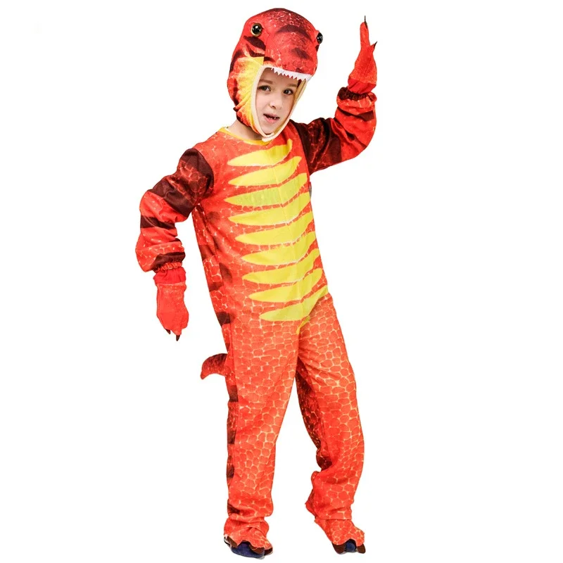 Dinosaur Costume for Kids Boys Realistic T-rex Cosplay with Tail Hooded Onesie Romper Halloween Themed Party Role Play Dress Up