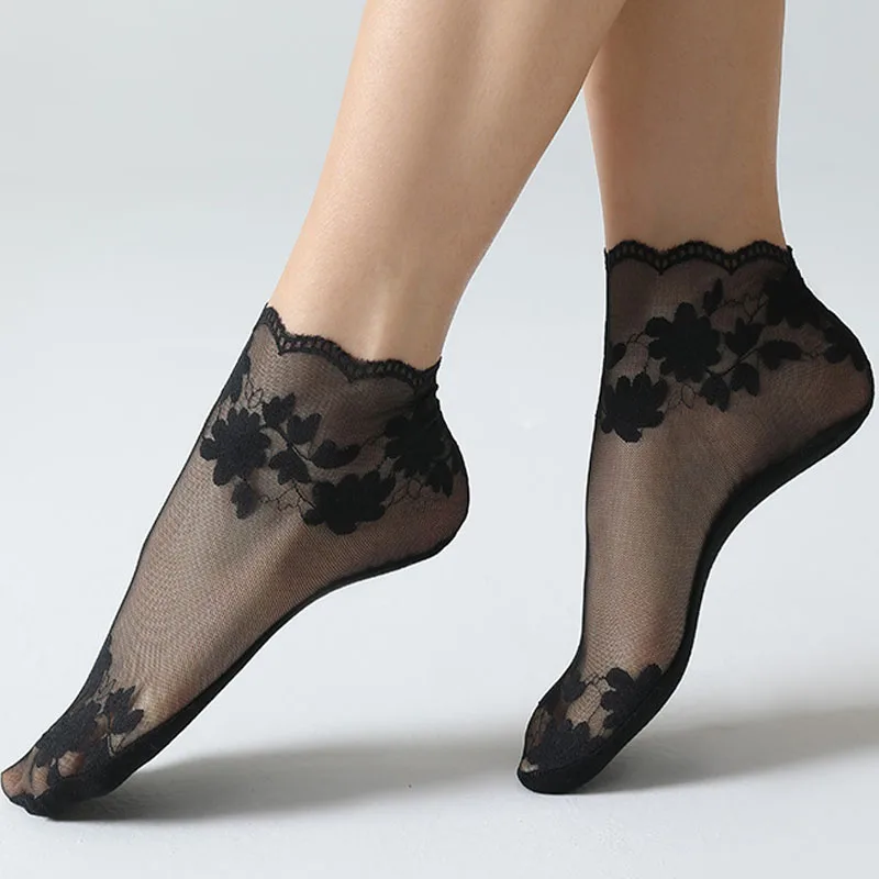 5 ペアの女性の花レースの靴下透明ロリータ目に見えない夏通気性目に見えないクルーソックス夏ロリータ薄いアンクルソックス