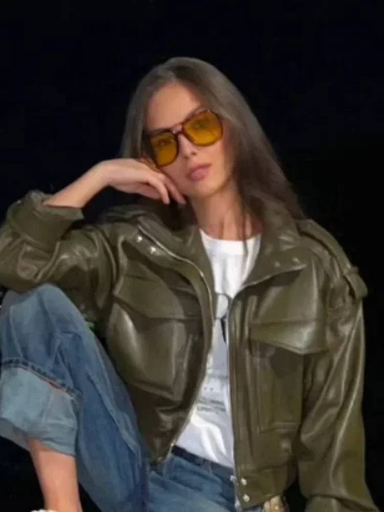 

Lapel Cropped Leather Jacket Women Casual Full Sleeve Zipper Pocket Short Jackets 2026 New Spring Chic Daily Street Outerwear