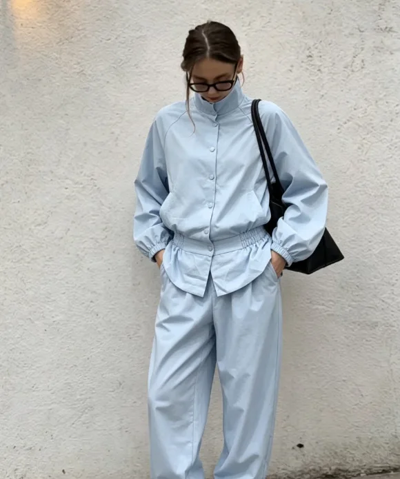 Cross border American Street Solid Color Stand up Collar Bubble Bundle Sleeve Elastic Waist Short Jacket Set