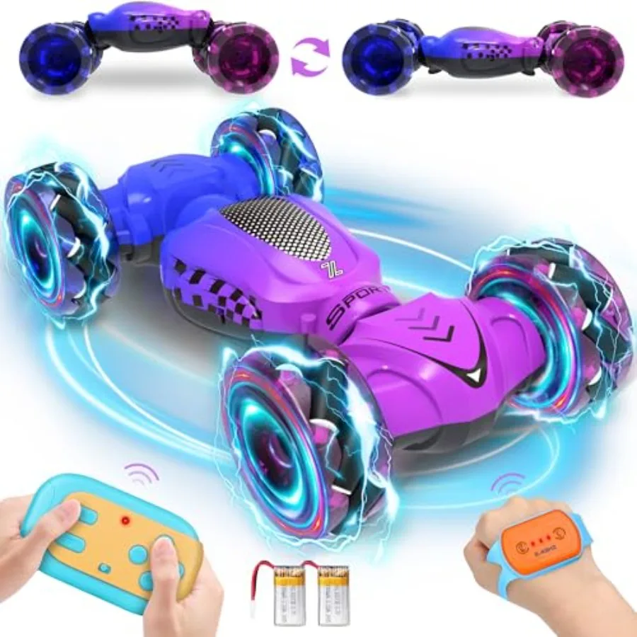 Remote Control Car for Girls 4-7, ABS Plastic, Red, Gesture Sensing RC Stunt Car with LED Lights and 4WD Transform Drift Functi