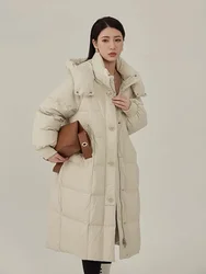 Women's Casual Long Down Jacket, Loose Hooded Puffer Jacket, White Duck Down, Thickened Warm Coat, New Fashion, Winter