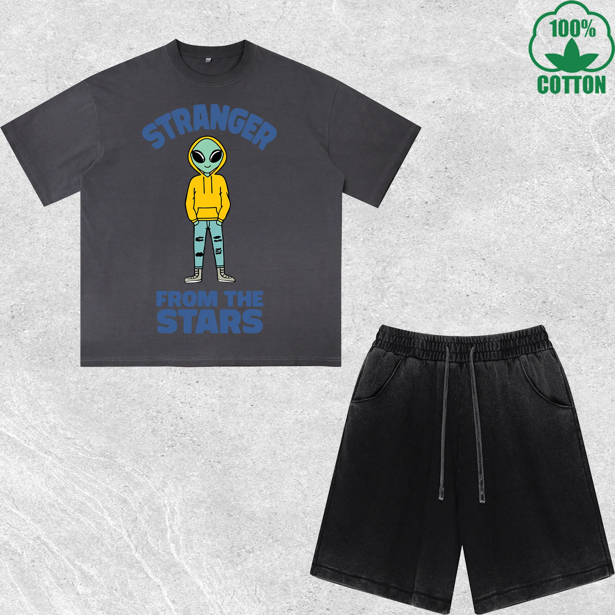 

From the Stars Printed Dirty Wash T-Shirt Shorts Set Multicolor Combo Loose Trendy Fashionable 100%Cotton