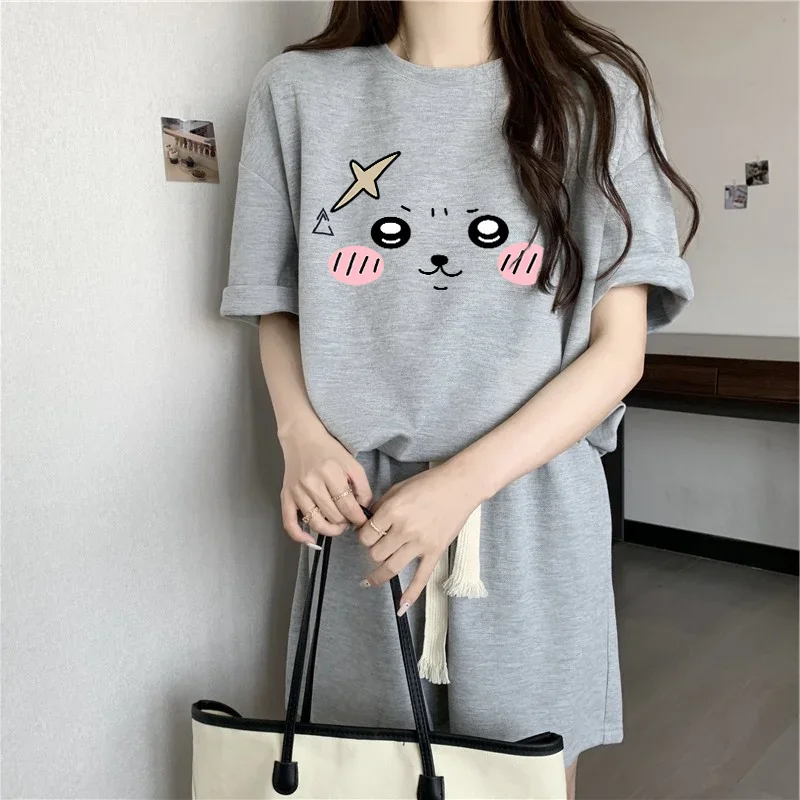 Футболка с милым мультяшным принтом, повседневные шорты с коротким рукавом, Повседневная Свободная одежда, модная Корейская версия, Топ