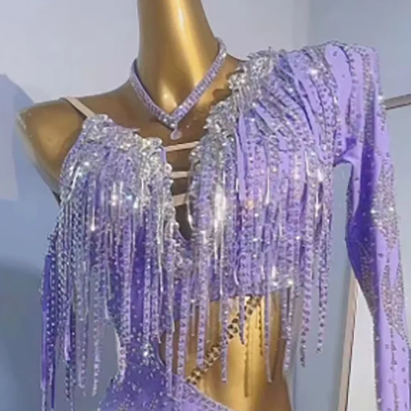 Latin Dance Performance Costumes, High-end Customized Purple Slim Fit Samba Art High Flash Rhinestone Flower Costume