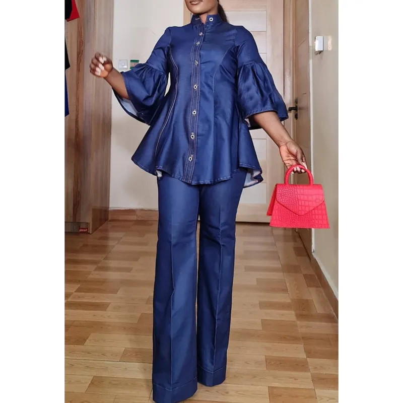 Two Piece Set Women 2025 Autumn Elegant Blouse Turtleneck Single Breasted Butterfly Sleeve Top Straight Pants Suit Casual Outfit