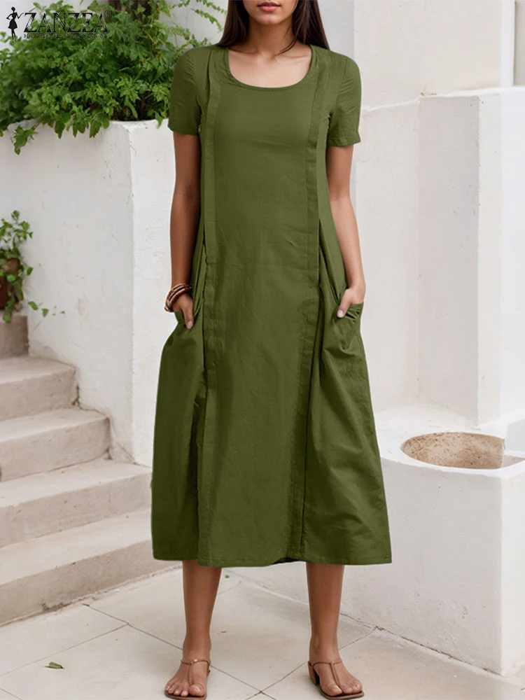 ZANZEA Vestito Solido di Modo Delle Donne di Estate Vestido 2025 Elegante Manica Corta Tasche A Pieghe Midi Vestito Estivo O-Collo Casual Allentato Veste