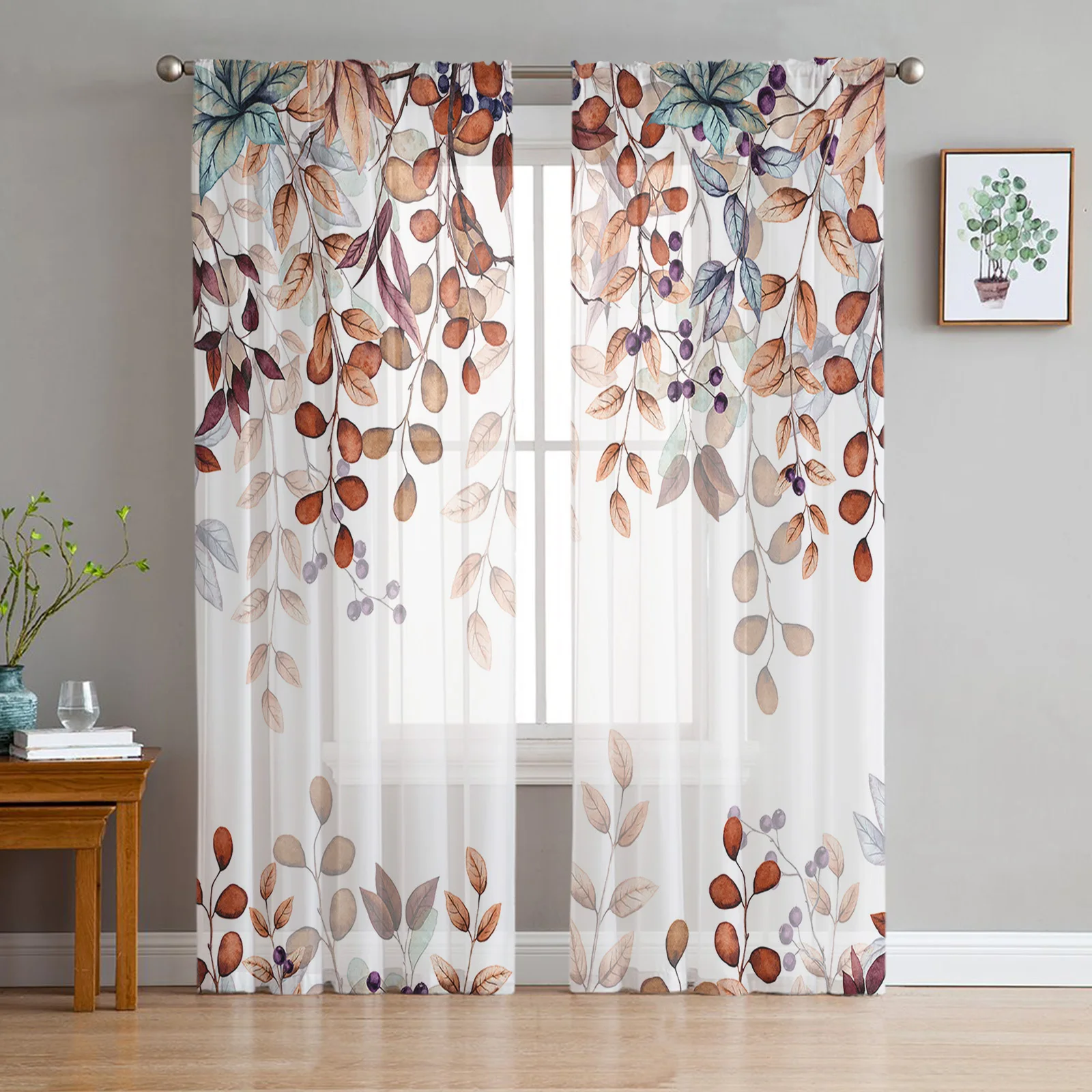 Autumn Branch Orange Blue Leaves Tulle Drapes for Living Room Bedroom Sheer Window Curtains Kitchen Balcony Voile Curtains