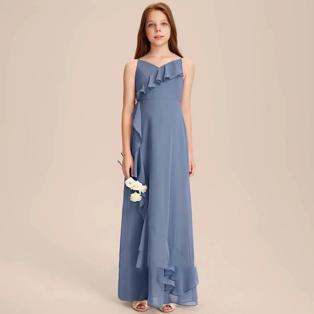 YZYmanualroom Chiffon Junior Bridesmaid Dress With Cascading Ruffles A-line V-Neck Floor-Length 2-15T