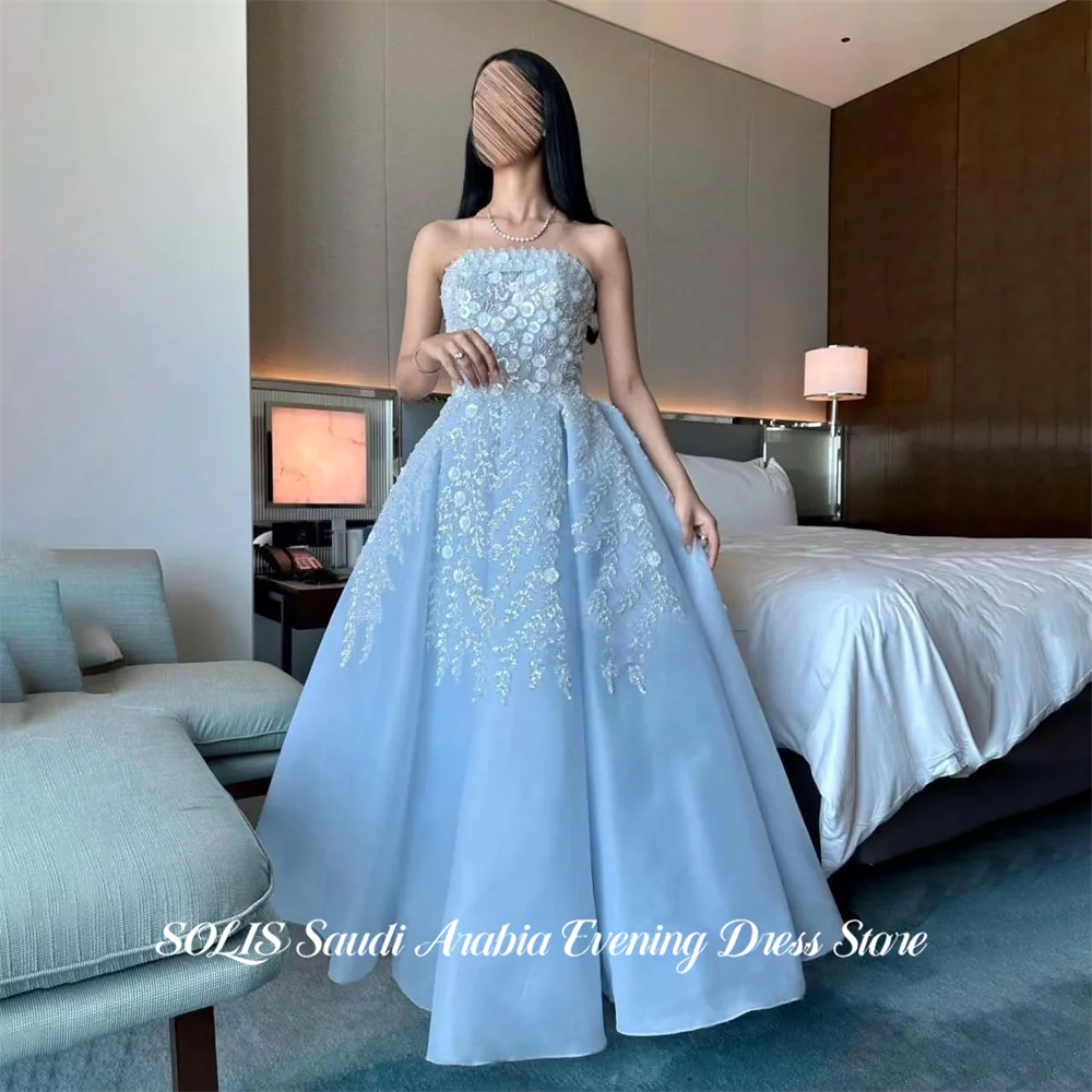 

SOLIS Sky Blue Prom Dresses Strapless A Line Evening Dresses with Sequins Embroidery Satin Party Dress Robe De Soirée Customized