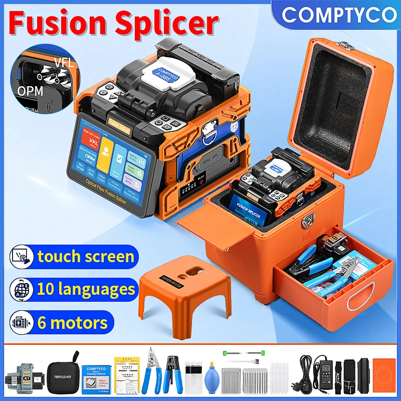 COMPTYCO A-88S Optical Fiber Fusion Splicer 6 Motors Multilingual Touch Screen Fiber Optic Heat Fusion Machine Built-in OPM VFL