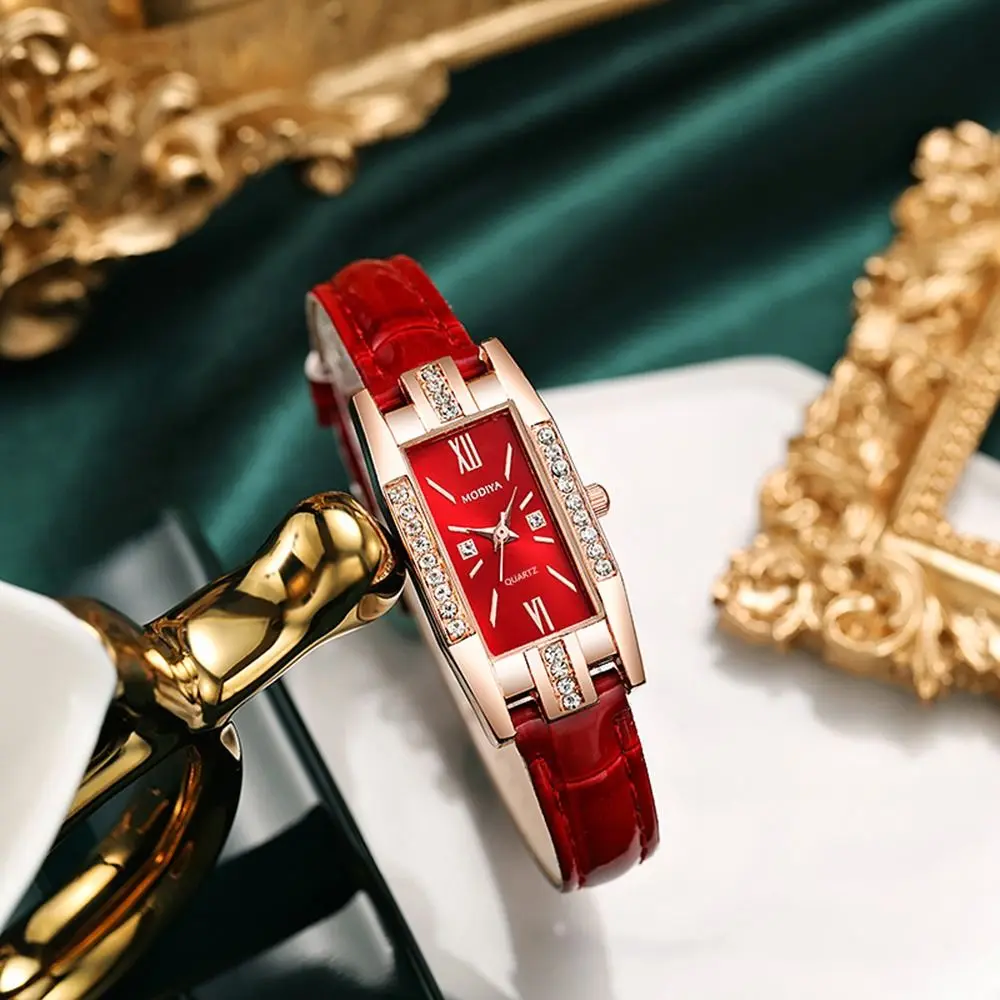 Reloj de cuarzo con correa de cuero para mujer, reloj de pulsera cuadrado con diamantes, informal, exquisito, de lujo