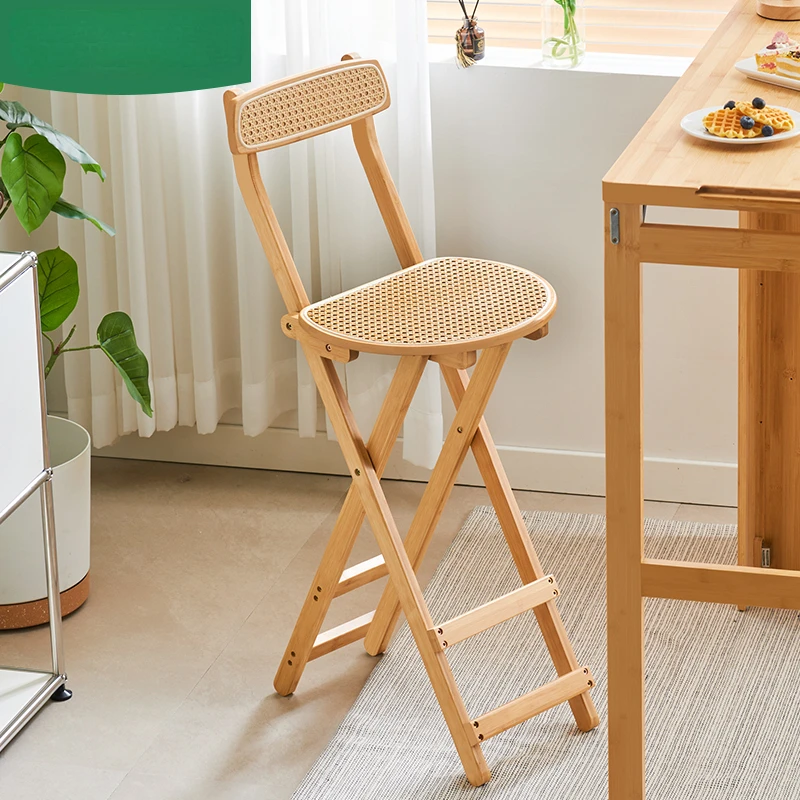 Foldable Bar Stool Household Modern Minimalist High Stool Solid Wood Bar Chair Restaurant Japanese Rattan Backrest Chair