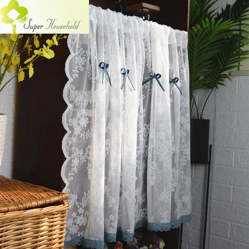 White Floral Sheer Short Curtains for Kitchen Cafe Bookshelf Embroidery Tulle Valance Farmhouse Sliding Door Window Drapes