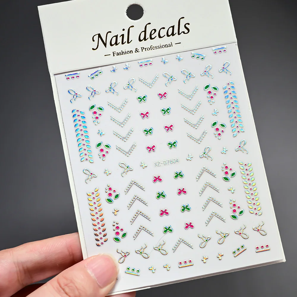 1pc 3D Aurora Curved Line French Tips Nail Art Stickers Holographic Flower Grass Decals with Crystal Manicure Decoration Sticker