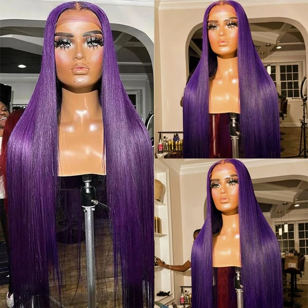 

13x4 Straight Dark Purple Transparent HD Frontal Wig Human Hair Wig PrePlucked Remy Hair Lace Front Wig 250% Density Human Hair