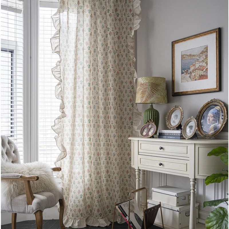 Cotton Linen Finished Curtains American Style Pastoral Green Plant Ruffled Edge Bedroom Curtain Semi-shading Kitchen Valance