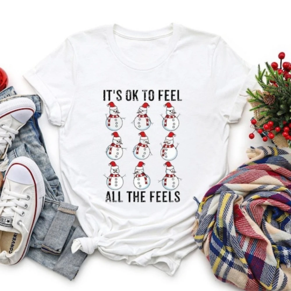 Christmas Mental Health Women T-Shirt Feeling Positive Diversity Be Yourself Therapist Tops It's Ok The Feel All The Feels Tops