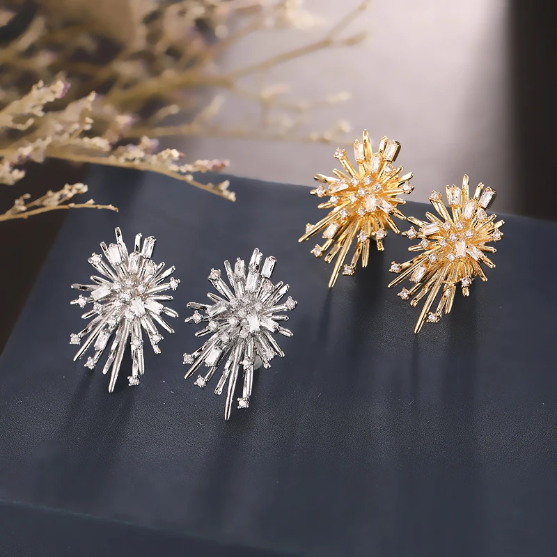 Fashion Korean Personality Firework flowers Clip on Earrings Without Piercing Brass Inlaid Zirconia Earrings for women Jewelry
