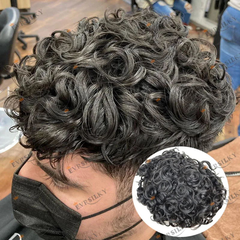 

Afro Black Man Durable Human Hair Prosthesis Capillary Fine Mono Base 28MM Curly Men Toupee Natural Hairline Male Wigs Hairpiece